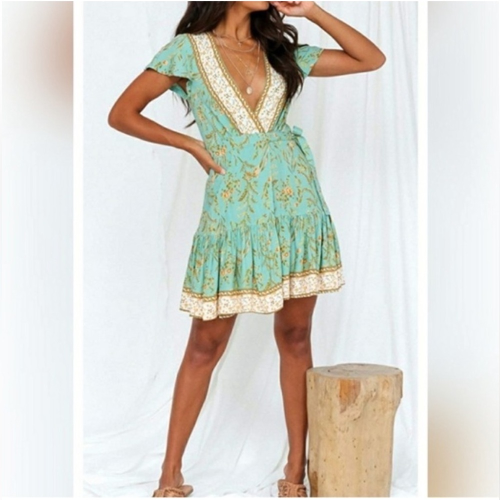 Mint Floral V-Neck Mini Dress with Gold Trim